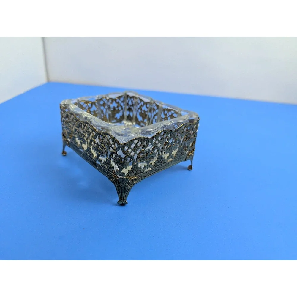 Vintage Hollywood Regency Open Trinket Box Gold and Glass Ormolu Brass Soap Dish